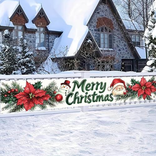 BlissYard Merry Christmas Banner Santa Snowman Poinsettia Pine Needles Holiday Decorations for Home Fireplace Backdrop 118x20 Inch Long Polyester Fabric Sign For Girls or boys gifts