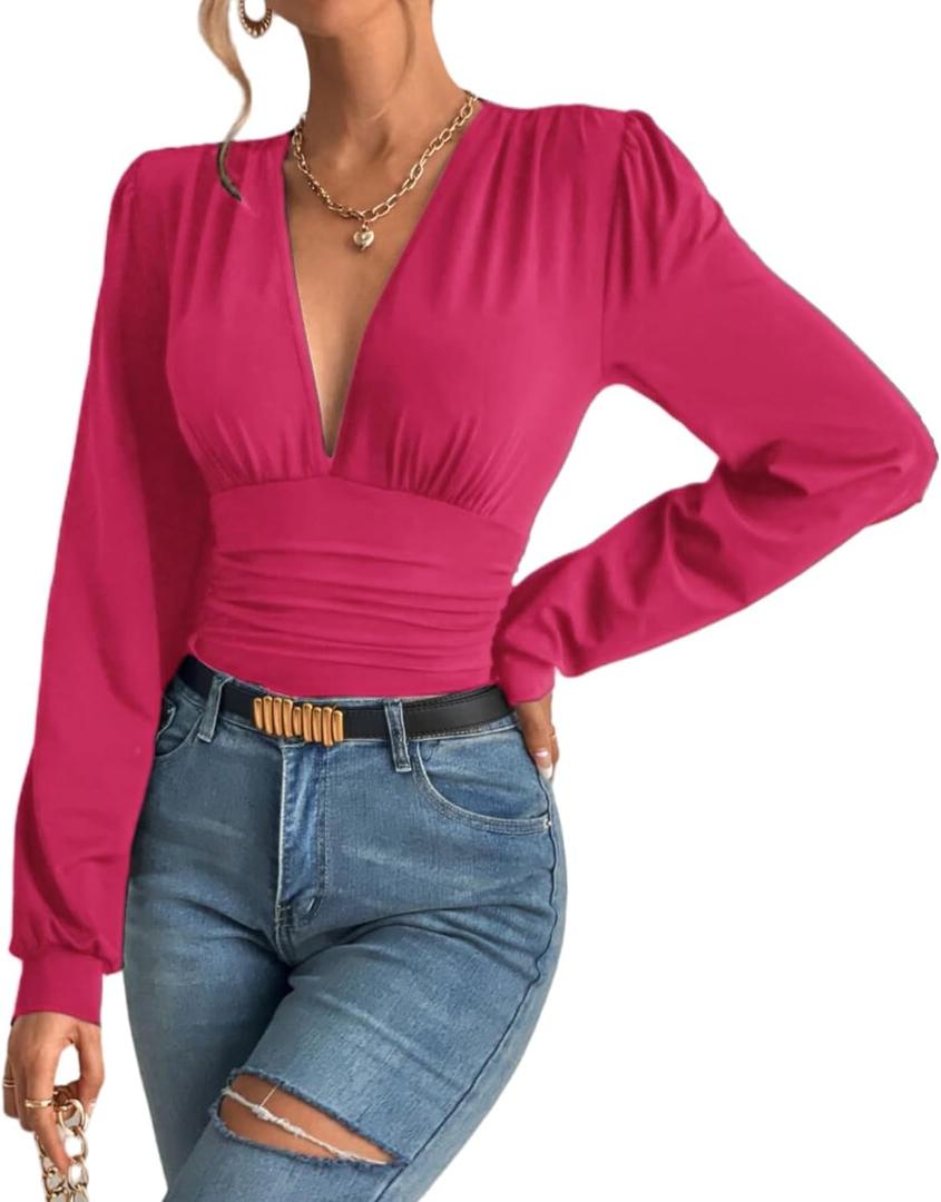 SURRO Women's Bodysuit Shirts Elegant Deep V Neck Leotard Blouses Long Sleeve Belly Hiding Tops Hook Closure (Blue, M)