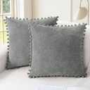 CaliTime Throw Pillow Covers Decorative 22 X 22 Inches Pack of 2 Cozy Solid Dyed Soft Chenille Cushion Cases with Pom Poms for Couch Sofa Bed Living Room Home Medium Grey