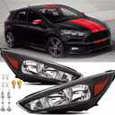 2PCS Headlight Assembly With Bulbs For 2015 2016 2017 2018 Ford Focus S SE ST SEL Titanium Replacement Focus Mark 3 Facelift Halogen Headlamps With Black Bezel Amber Reflector Without LED DRL (Black Amber Without LED DRL)