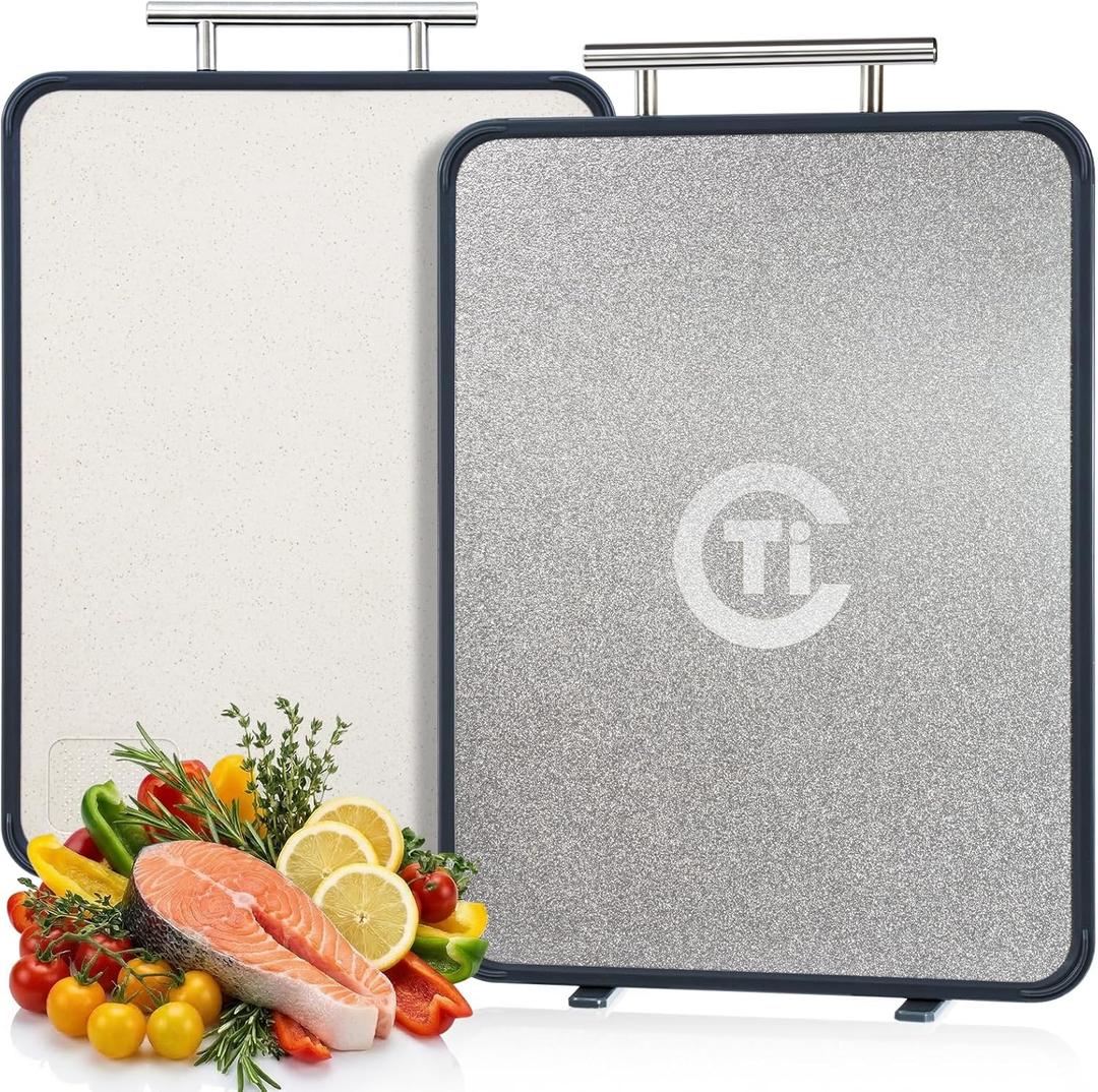 Titanium Cutting Board for Kitchen- Double Sided Cutting Board with Stand, Textured Food-Grade Pure Titanium Side for Chopping Meat, PP Side for Vegetables, Easy to Clean(14.511, 1 PC)