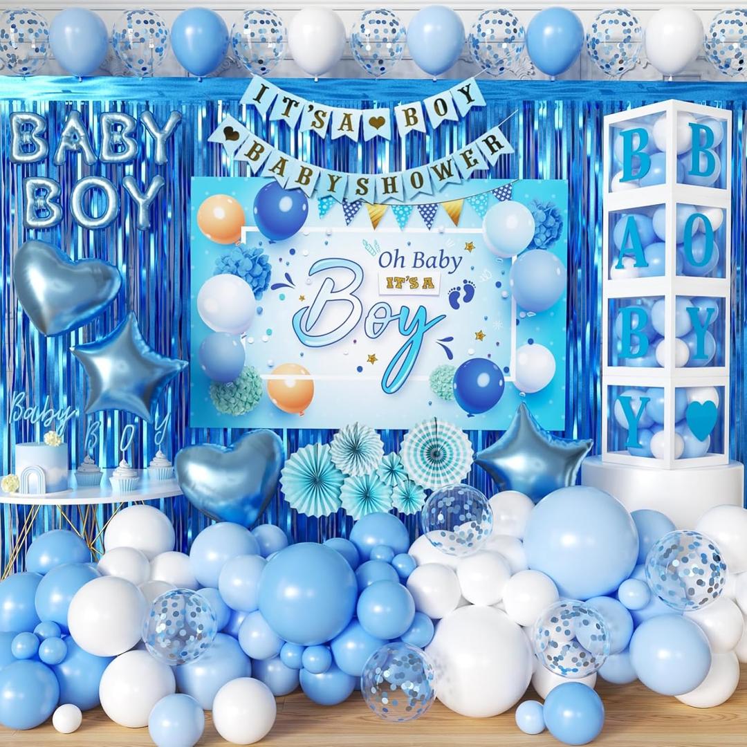 Its a Boy Baby Shower Decorations Blue 98 Pack Baby Party Supplies with Balloons Boxes Backdrop Banners Foil Balloons and Ballon Garland Decorations for Boy 1st Birthday Gender Reveal Party (Blue)
