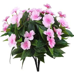 FAICOIA 2 Branches Artificial Impatiens Flowers Faux Impatiens Bushes Pink Silk Flowers Greenery Artificial Impatiens Bouquet for Outdoors Patio Lawn Garden Pot Hanging Basket Porch Decoration