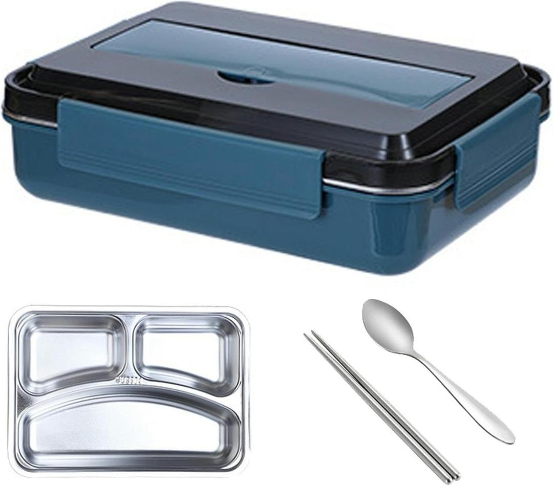 Home Microwave Oven Stainless Steel Large Capacity Sealed Compartment Portable Lunch Box - Three Compartments [Dark Blue]