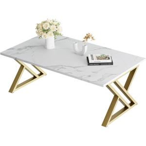 Wolawu Coffee Table Living Room Table White Center Table, Simple Modern Faux Marble Rectangular Tea Tables with Sturdy Gold Metal Frame,Industrial Wooden Coffee Table for Bedroom Home Office, 39.37 x 18.9 x 21.85 inches