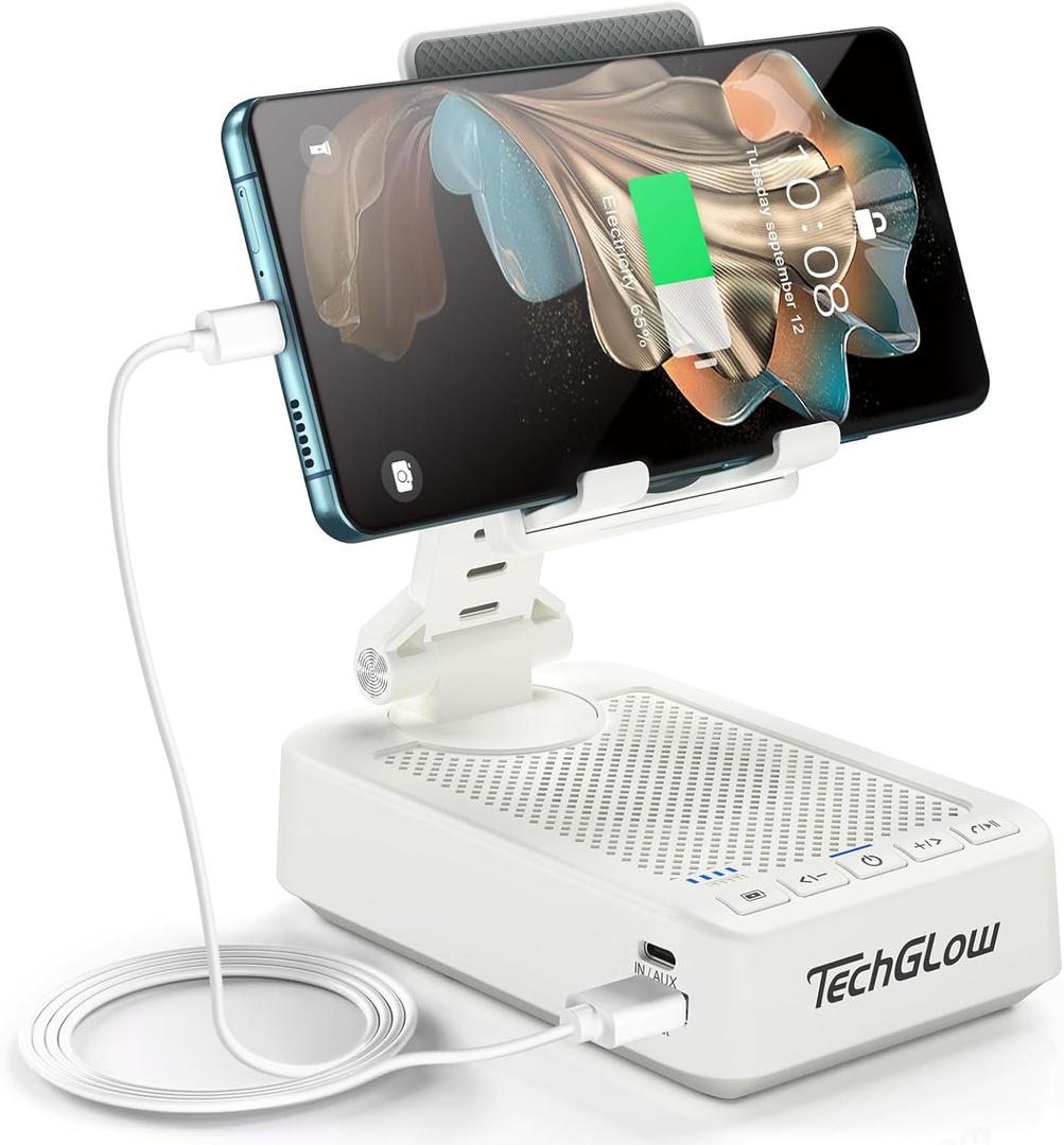 TechGlow Gifts for Men Women Foldable Cellphone Stand with Bluetooth Speaker Charging Function 360 Rotatable Phone Stand Birthday Gift Idea for Mom Dad Cool Tech Gifts-White