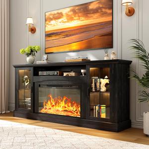 OneBlis 2-in-1 Multifunctional Fireplace TV Stand with 30" Removable Electric Fireplace, 70" Farmhouse Entertainment Center, Media Console Table with Large Storage Cabinets, for Living Room, Black