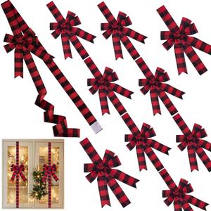 SIMISI RIBBON 10 Pcs Red Black Plaid Christmas Cabinet Door Ribbon Bows Large Bow for Fireplace, Kitchen, Home, Xmas