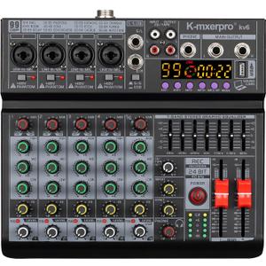 6 Channel Professional Audio Mixer Console Sound Board with 99 DSP 7-band EQ Independent 48V Phantom Power,USB Audio Interface for Studio Stage Party Home Recording