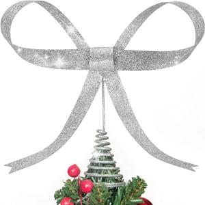 Large Metal Bow Christmas Tree Topper,9.4 Inch Glitter Silver Tree Topper,Silver Bow Christmas Tree Decorations for Xmas Home Decor Holiday Party Indoor Outdoor Shop Office