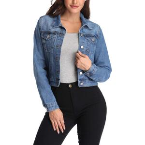 andy & natalie Women's Denim Jackets Cropped Long Sleeve Basic Button Down Crop Jean Shacket with Pockets (Large, Blue)