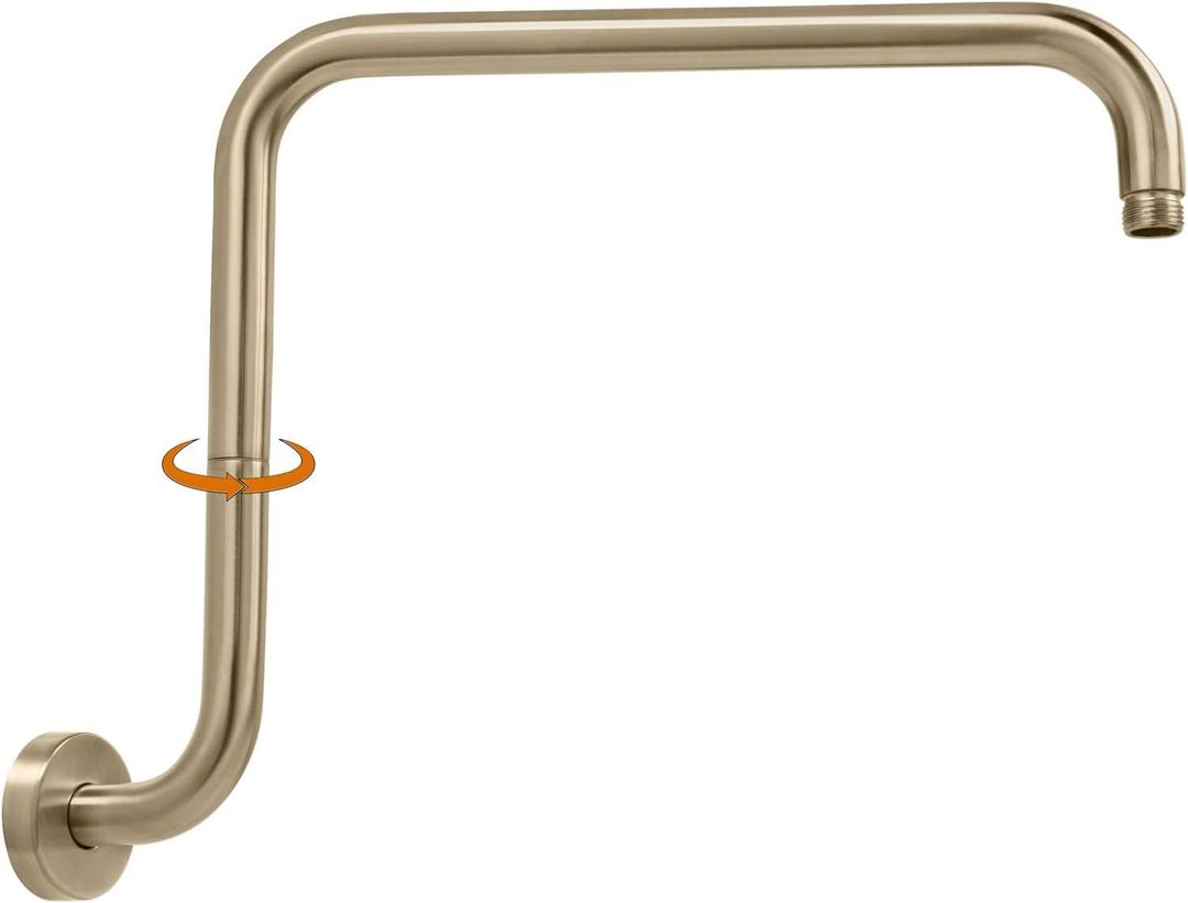 PHASAT 16 Inches Shower Arm Extension,S shaped Shower Arm with Flange,304 Stainless Steel High Rise Shower Head Arm Brushed Gold,PU9J01-M (Round-Rotatable)