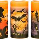 Eldnacele Halloween Flameless Flickering LED Candles with 6-Hour Timer, Battery Operated Wax Candles Assorted Decals Witch, Bats, Castle Set of 3 for Decoration