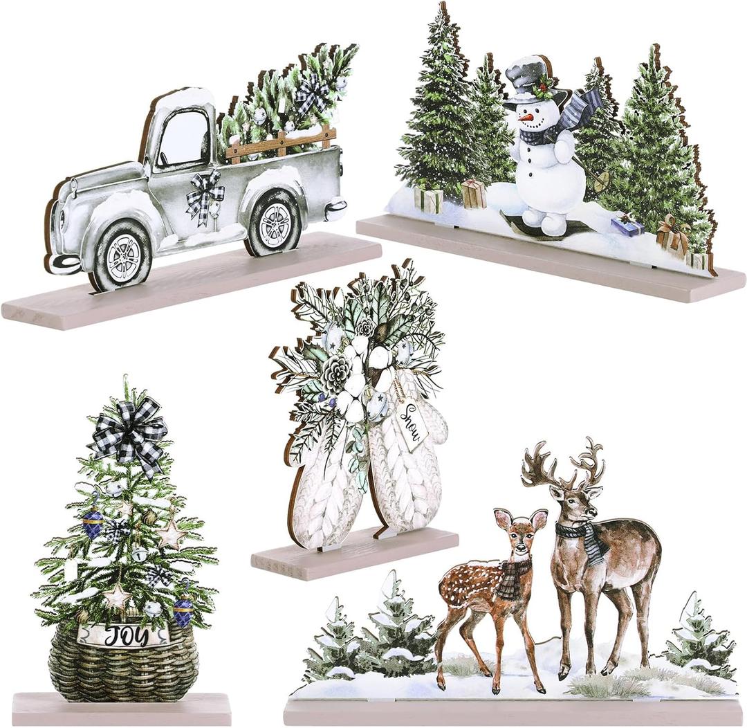 Huwena 5 Pcs Christmas Table Decorations Wooden Christmas Table Centerpieces Joy Sign Snowman Reindeer Gloves Signs for Winter Holiday Snow Xmas Dinner Coffee Tier Tray Decor(Reindeer,White) (Brown)