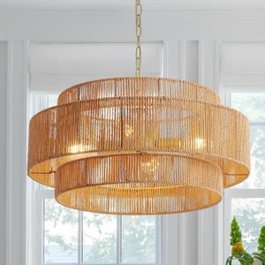 3-Tier Large Farmhouse Rattan Chandeliers, 22.8in Wicker Hanging Pendant Lights, Woven Boho Chandeliers, Hemp Rope Lighting Fixture for Kitchen Island, Dining Room, Living Room