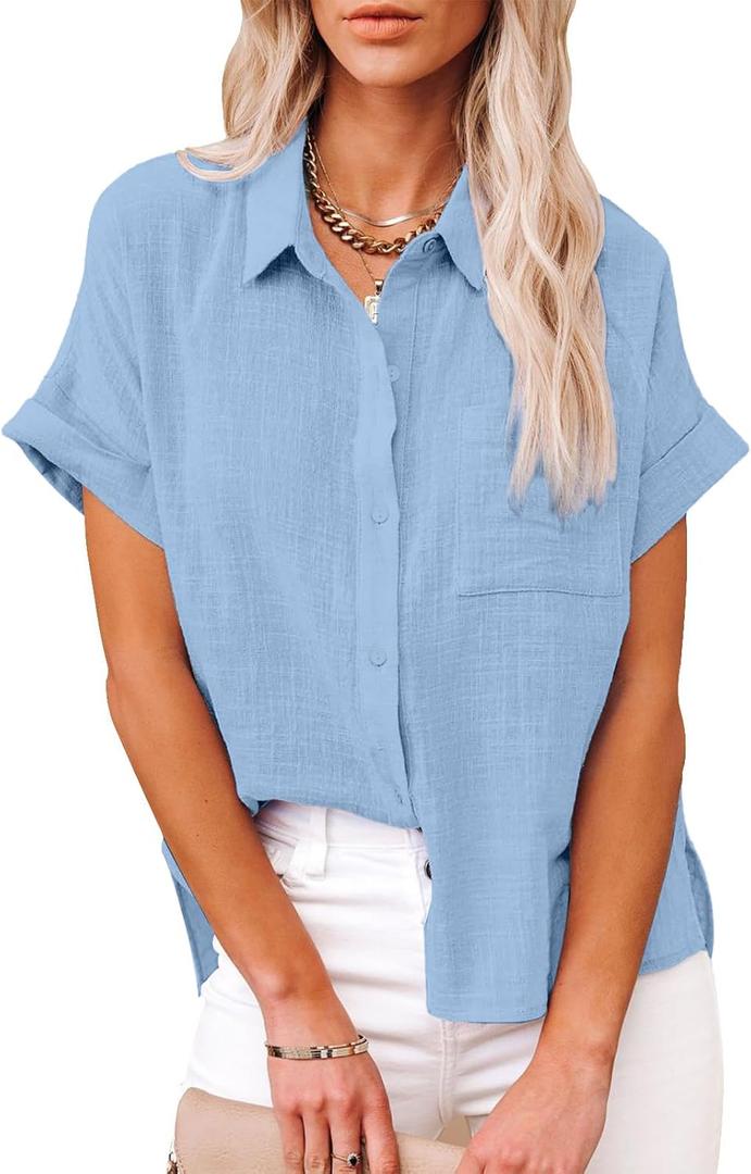 Womens Cotton Linen Button Down Shirts Short Sleeve Dress Shirts Casual Summer Tops Blouses with Pockets (X-Large, Sky Blue)