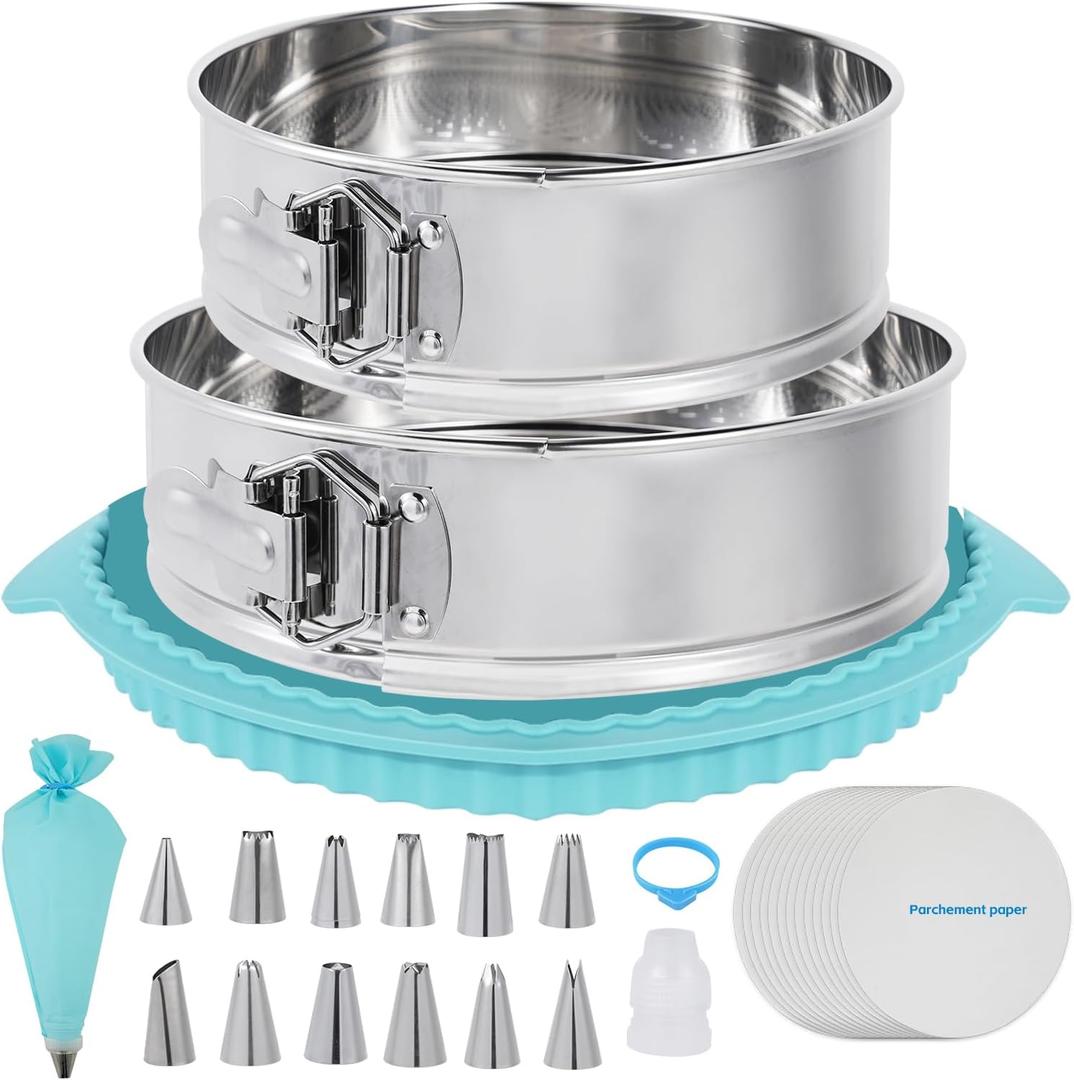 Aufind Springform Pan Set for Baking (9,10inches), 304 Stainless Steel Springform Cake Pan with Removable Bottom, Cheesecake Pan with 50PCS Parchment Paper for Pie Cake Pizza and Quiches