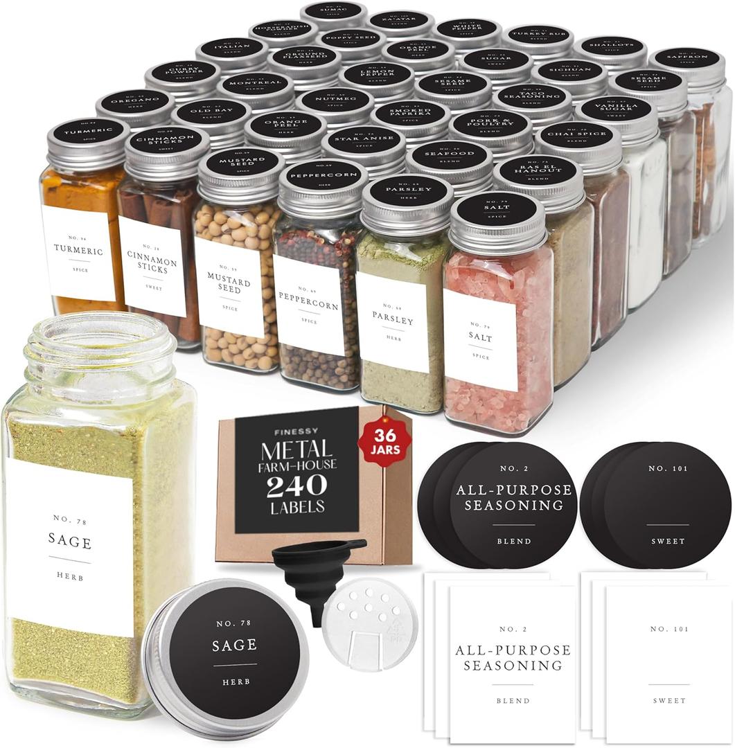 Glass Spice Jars with Labels with Metal Lids and Shakers Farmhouse 36 Pack Set, 4oz Small Clear Empty Spice Bottles Seasoning Containers with Label Organizer Square Herb Seasoning Jars for Kitchen,36-pack | Modern Farmhouse Style
