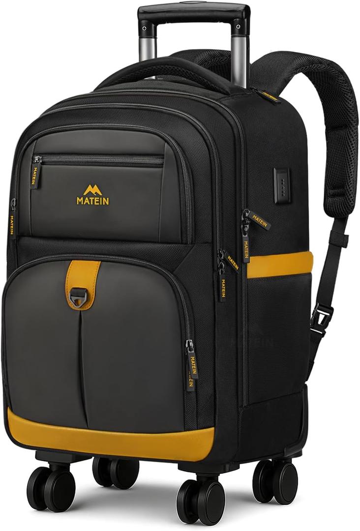 MATEIN Rolling Backpack with 4 Spinner Wheels, 17 Inch Backpack on Wheels with USB Charging Port, Water Resistant Rolling Computer Bag Carry On Luggage, Business Travel Roller Laptop Bag for Women Men (Black)
