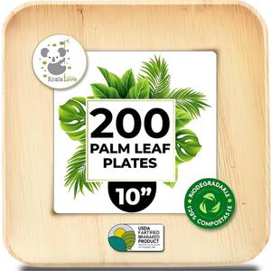 Koala love Palm Leaf Plates Bamboo Disposable Square 10 inch 200 Bulk Party Pack Elegant Sturdy Design Better Than Paper and Plastic Plate (KoalaLove -PLP-10IN-200-Plates)