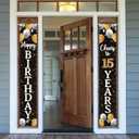 Happy 15th Birthday Decorations,15th Black & Gold Balloon Birthday Theme Door Hanging Banner Sign - Cheers to Fifteen Years Old Bday Party Supplies.
