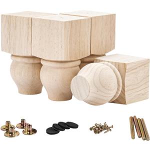 La Vane 5 inch / 12cm Wooden Furniture Legs, Set of 4 Solid Wood Carved Geometry Unfinished Replacement Bun Feet with Mounting Plate & Screws for Sofa Cabinet Couch Table TV Stand