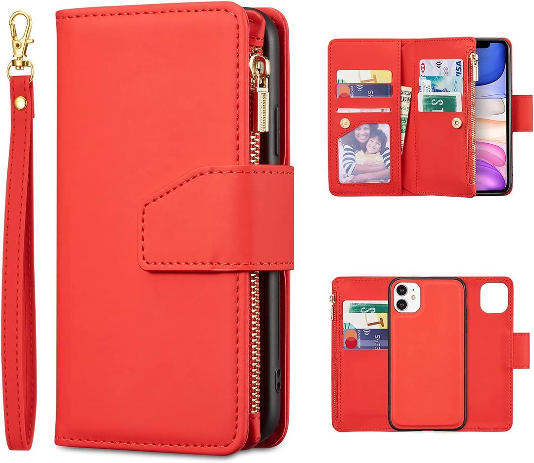 EYZUTAK Case for iPhone 11 6.1 inch, Glossy PU Leather 9 Card Slots Magnetic Closure Detachable Wrist Strap Zipper Wallet Shockproof Removable Back Cover Case - Red