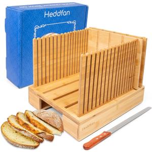 Bamboo Bread Slicer For Homemade Bread - Built-In Knife Slot, Crumb Catcher & Storage Compartment - Adjustable Extra Wide & High For Sourdough - Long 12 Knife Blade Included Brown