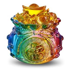 4inch Colorful Crystal Treasure Basin with Golden Ingot/Yuan Bao Glass Wealth Money Bag Feng Shui Statue for Home Office Decor Housewarming Gift, Cornucopia