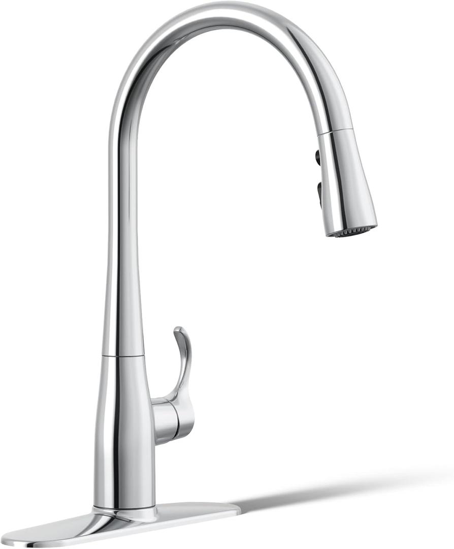 KOHLER 596-CP Simplice Kitchen Sink Faucets with Pull Down Sprayer, 3-Spray Design, Polished Chrome Kitchen Faucets, High Arch