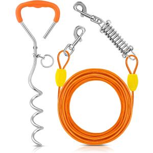 Petbobi Dog Tie-Out Cable and Stake - 20ft Heavy Duty Cable with Spring, No Tangle, 16in Ground Stake, Ideal for Yard, Camping and Beach, Suitable for Small Medium Large Dogs Up to 120 lbs, Orange