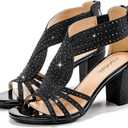 Women's Rhinestone Sparkly Chunky Block Heel Sandals Open Toe Dressy Shoes with Zipper Closure for Wedding Prom Homecoming Hoco Formal Events (8, Black)