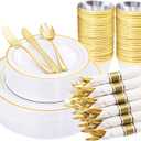 WELLIFE 210 Piece Gold Plastic Dinnerware Set, Include: 30 Dinner Plates, 30 Dessert Plates, 30 Pre Rolled Napkins with Silverware and 30 Cups