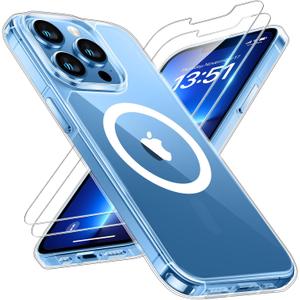 TAURI for iPhone 13 Pro Max Case, Compatible with Magsafe [Yellowing Resistant] with Screen Protector, Military-Grade Protection, Slim Magnetic Phone Case, Clear