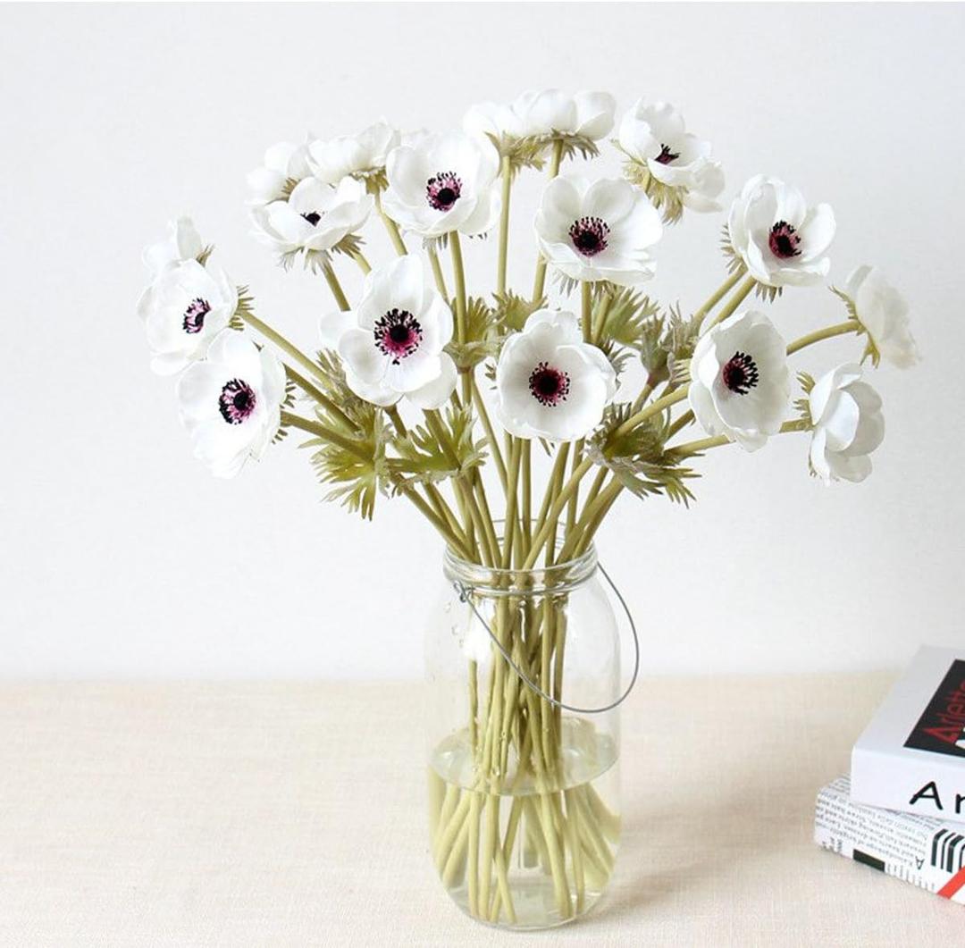 5Pcs Artifical Real Touch PU Anemone Flower Bouquet Room Home Decor (White)