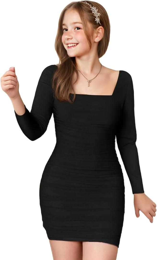 WDIRARA Girl's Square Neck Long Sleeve Ruched Bodycon Dress Casual Dresses, Size 14Y, Black
