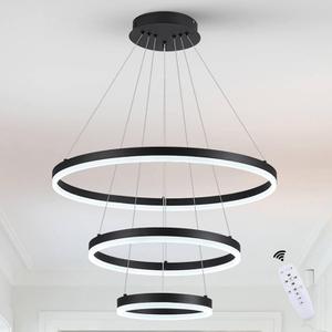 3-Rings Chandelier Black Modern LED Chandeliers for Living Room, Dimmable Round Hanging Light with Remote Control Circular Pendant Light Fixture for Dining Room Foyer Entryway, 3000K-6500K