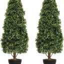 Damomo 3ft Topiary Trees Artificial Topiaries Boxwood Trees Outdoor Faux Shrub 2 Packs with Black Pot, Fake Bushes Potted Green Plants Decorative Indoor Porch or Garden（35inch）