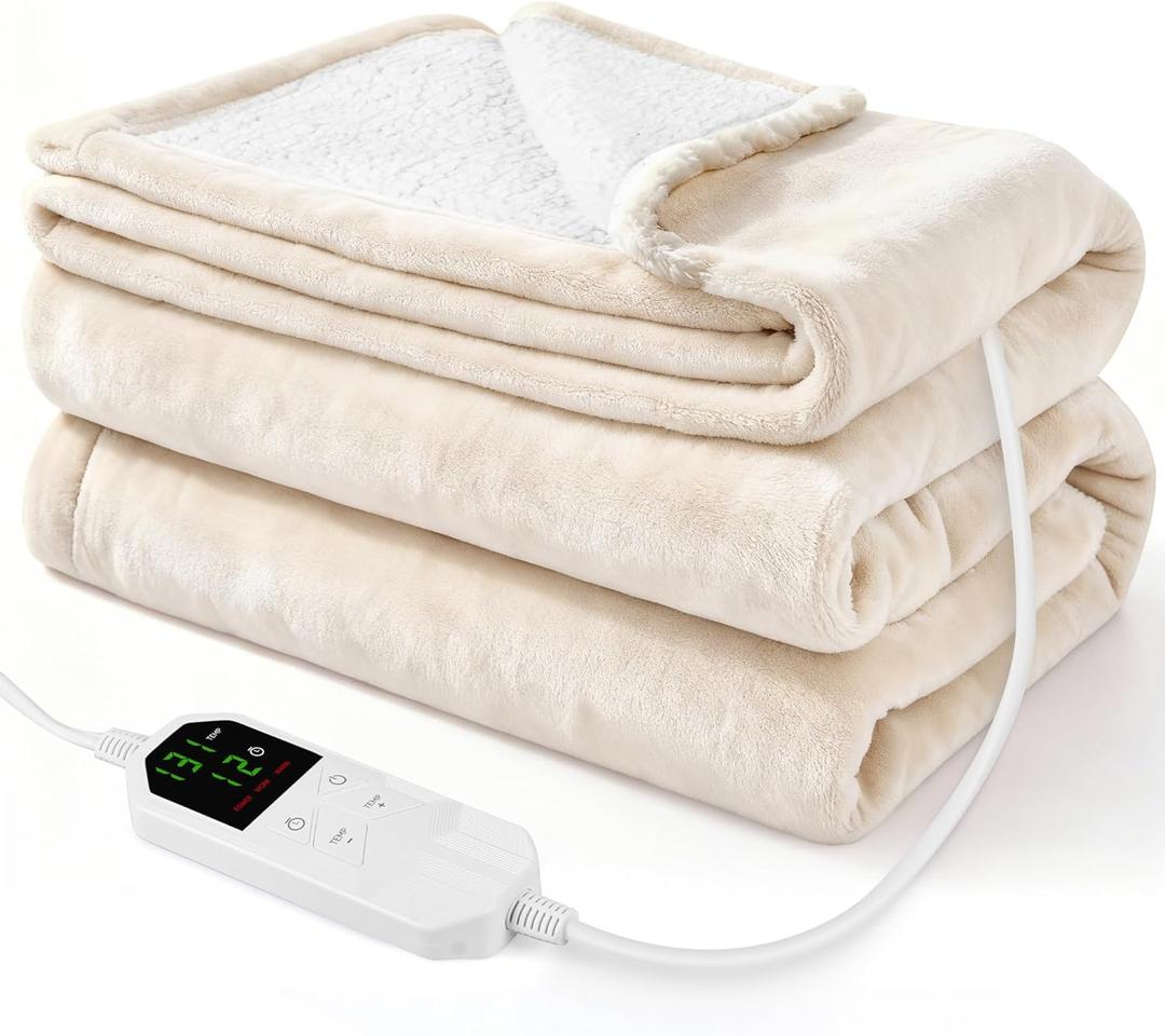 Electric Heated Throw Blanket 50" x 60", Soft Plush Flannel & Sherpa Electric Blanket with 8 Heat Settings, 1-12H Auto-Off, Fast & Even Heating, Machine Washable, Ideal for Home & Office, Beige