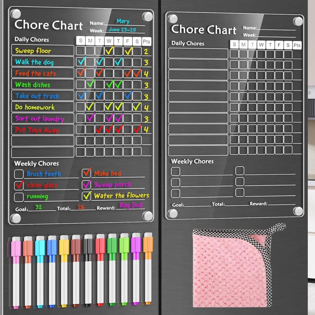 Acrylic Magnetic Chore Chart for Kids, Chores Chart for Fridge Refrigerator, Dry Erase Behavior Chore Chart for Multiple Kids, Reward Chart for Multiple Kids Teens Adults Family, 8"x12" (White-2 Pack)