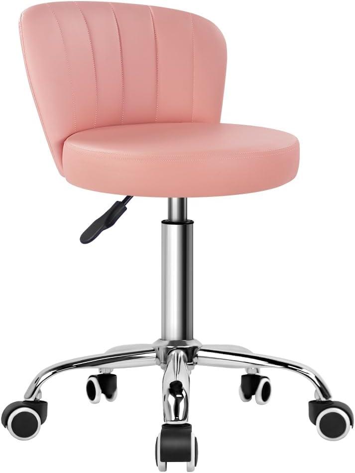KKTONER Rolling Stool with Backrest Height Adjustable Office Chair PU Leather Swivel Vanity Chair with Wheels (Pink)