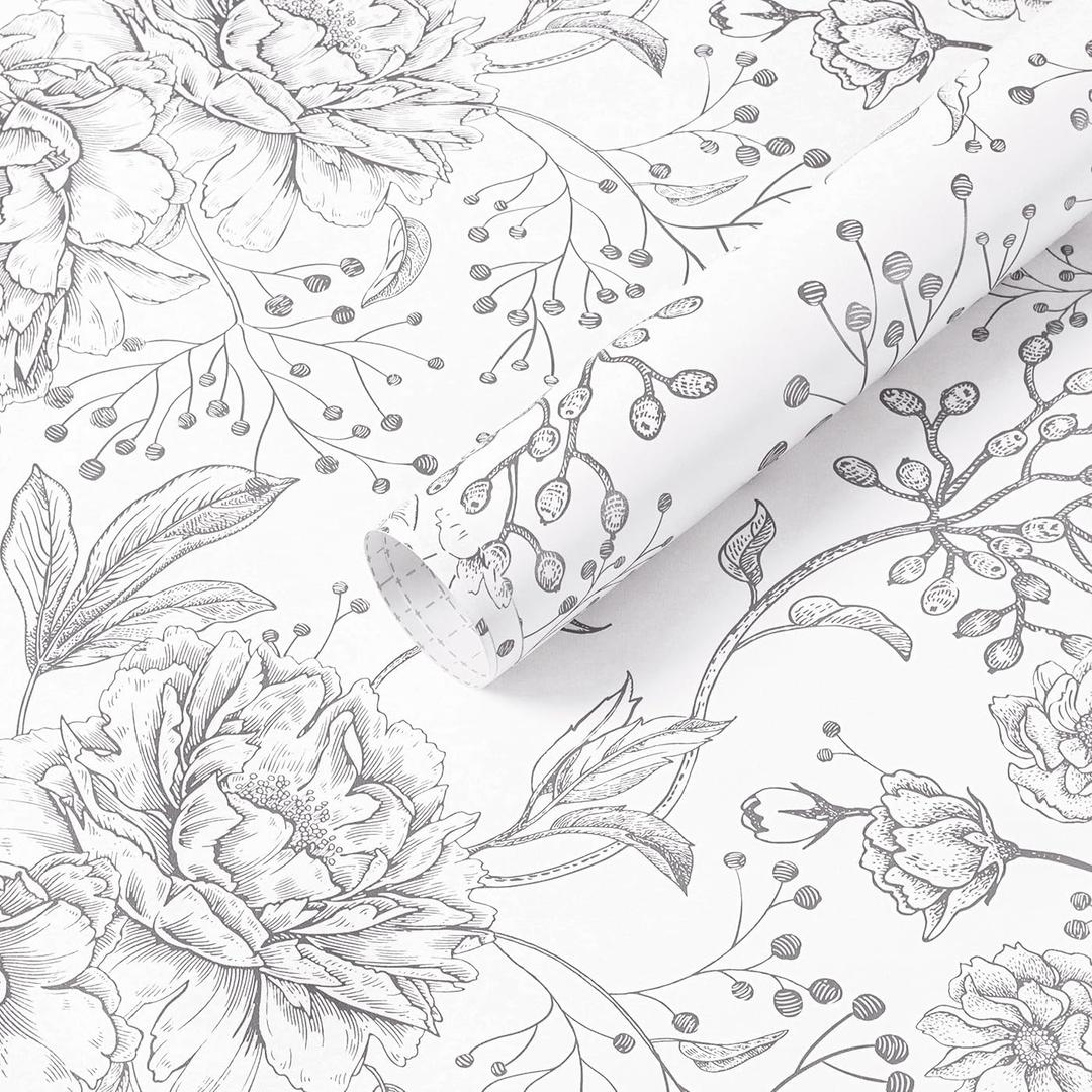 Safiyya Peel and Stick Wallpaper Boho Floral Contact Paper 197"x17.3" Grey and White Wall Paper Modern Self Adhesive Removable Wallpaper for Bedroom Bathroom Vinyl Rolls
