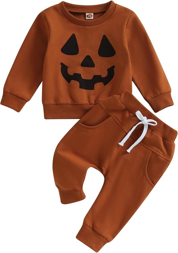 YINGISFITM Baby Boy Girl Valentines Outfit Lover Boy Sweatshirt Shirt Sweater Red Heart Pants Toddler Valentines Clothes (2-3T, Pumpkin Ghost Face)