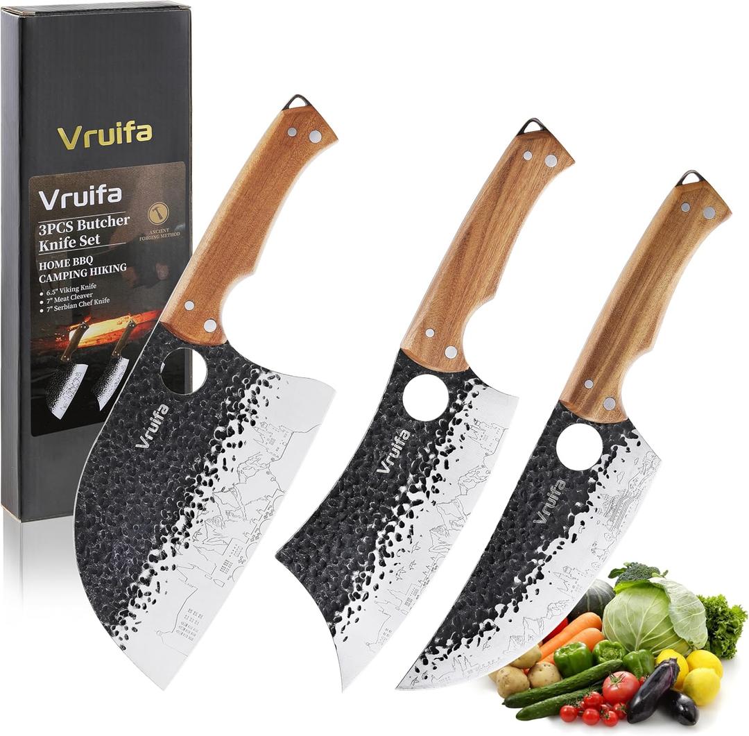 VRUIFA 3 PCS Butcher Knife Set (Serbian, Meat Cleaver, Viking), Hand Forged with Premium Stainless Steel Blades, Ergonomic Wooden Handle Kitchen Knife Set for Home,BBQ, and Camping