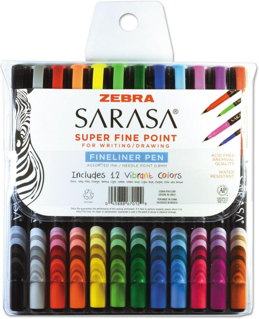 ZEBRA Sarasa Porous Pen.8 mm, Fine, Assorted Ink, 12/Set (67012)