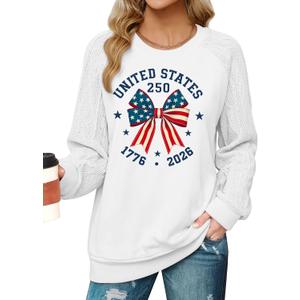 American Flag Sweatshirt for Women USA Sweatshirts 4th of July Casual Cable Knit Long Sleeve Shirts USA Tops (White)