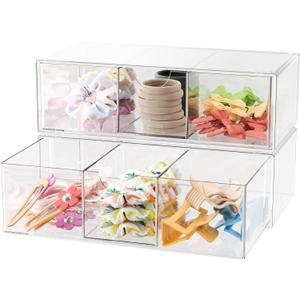 Hair Accessories Organizer for Girls, Clear Hair Bow Tie Clip Scrunchie Holder Organizer with Removable Divider, Cute Small Stackable Storage Drawer Container Caddy Box, Women Vanity Accessories, 2Pcs