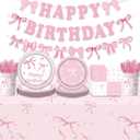 171Pcs Pink Bow Birthday Party Supplies Pink Bow Plates,Banner,Tabelcloth,Cups,Knives,Spoons,Forks,Baby Shower Girls Bow Party Decorations