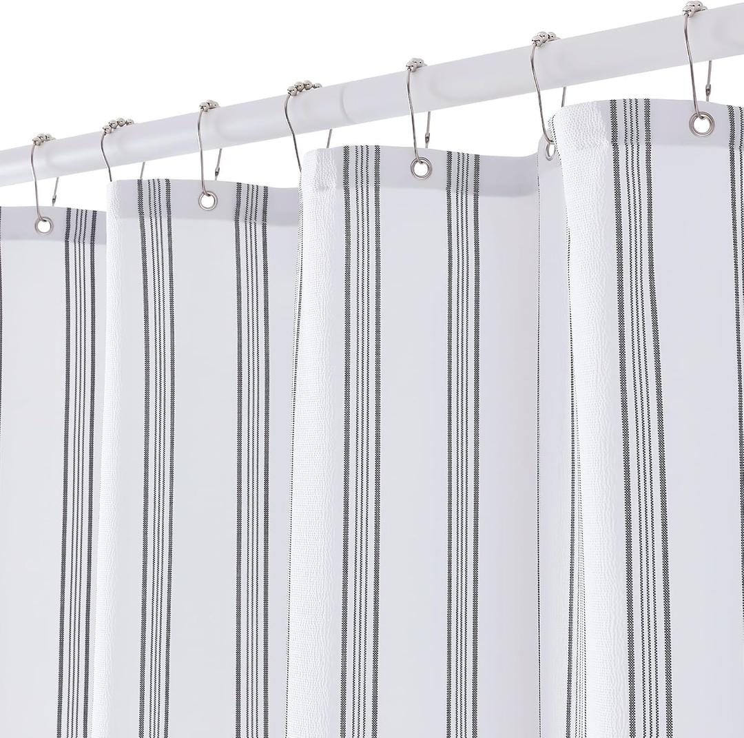 ORTIGIA Black and White Striped Shower Curtain with 12 Metal Hooks, Crinkled Lightweight Textured Fabric Modern Farmhouse Minimalist Bathroom Curtain 72x78 Inch