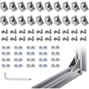 20 Sets Silver 2020 Corner Bracket Kit for 2020 & 2040 Aluminum Extrusion Rail - Brackets, M5 Sliding T-Nuts & Hex Screws, Ball-End Hex Wrench for 20 Series 6mm T Slot Extruded Aluminum Hardware